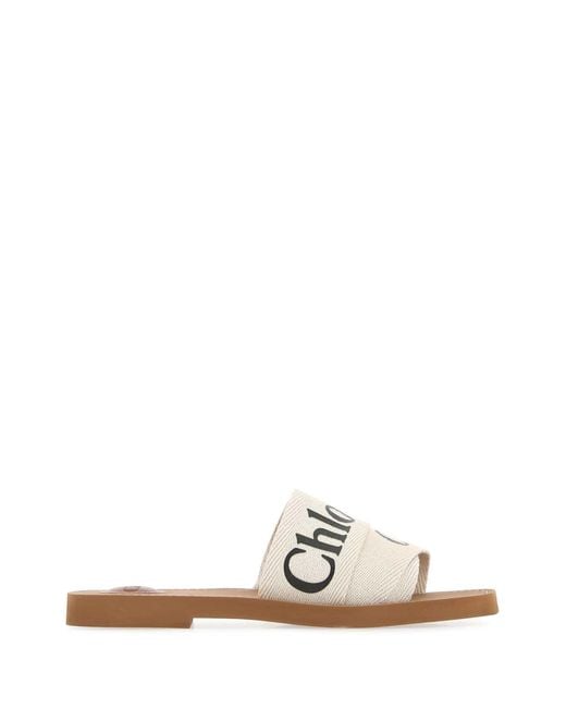 Chloé White Ivory Linen Woody Slippers