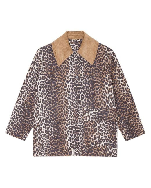 Ganni Brown Canvas Midi Leopard Print Jacket
