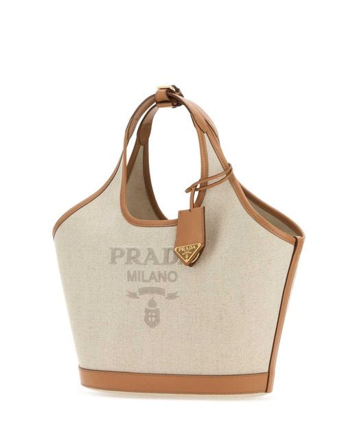Prada Gray Linen Blend And Leather Tote Bag