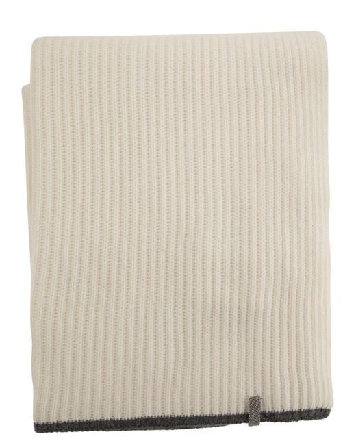 Brunello Cucinelli White Ribbed Cashmere Knit Scarf With Necklace