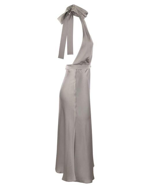 Elisabetta Franchi Elisabetta -franchi Satijnen Midi -jurk Met Asymmetrische Rok in het Gray