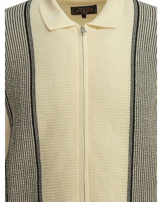 Beams Plus Natural Polyester Linen Polyester Nylon Linen Textured Knit Zipper Polo Shirt