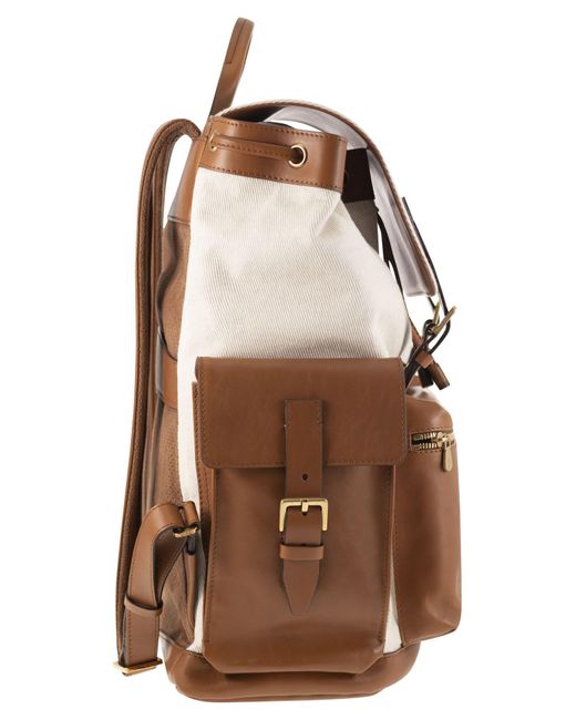 Brunello Cucinelli Brown City Backpack In Leather And Fabric for men
