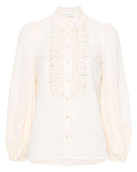 Zimmermann White Ruffled Polka Dot Embroidered Blouse