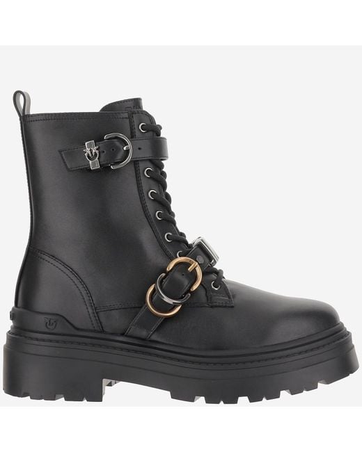 Pinko Black Pink -Leder -Knöchelstiefel mit Gürtel und Logo