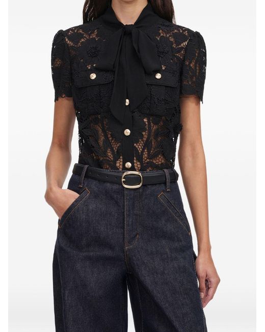 Self-Portrait Black Tie Neck Lace Top