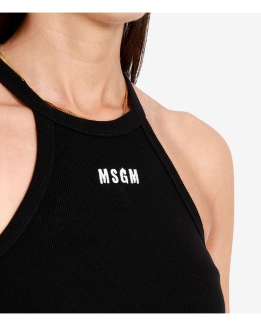 MSGM Black Schwarzes Geripptes Baumwolltop Mit Rundhalsausschnitt