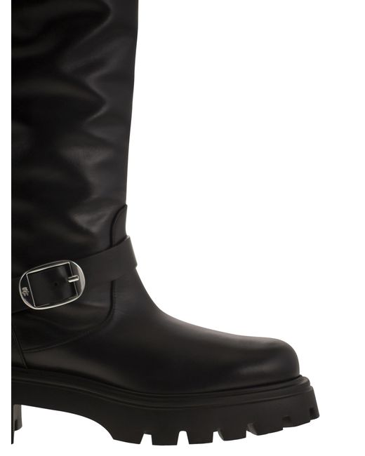 Stuart Weitzman Black Structured Knee-High Moto Leather Boots for men