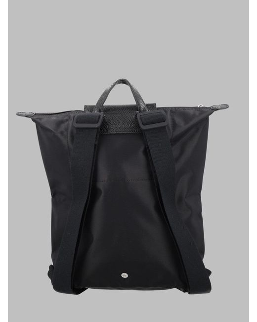Longchamp Black Foldable Nylon Backpack With Leather Flap