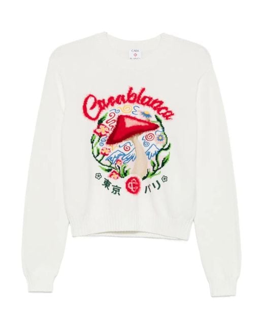 Casablanca White Crewneck Sweater With Mushroom Embroidery