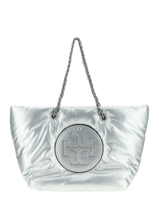 'Ella Metallic Puffy Chain Bag de compras' Tory Burch de color Gray