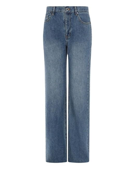 Self-Portrait Blue Straight-Leg Jeans With All-Over Rhinestones