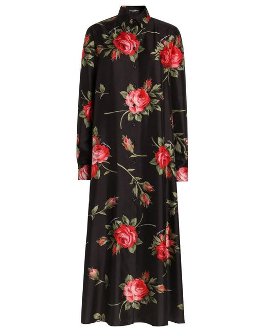 Dolce & Gabbana Red Rose Bouquet Print Twill Long Dress