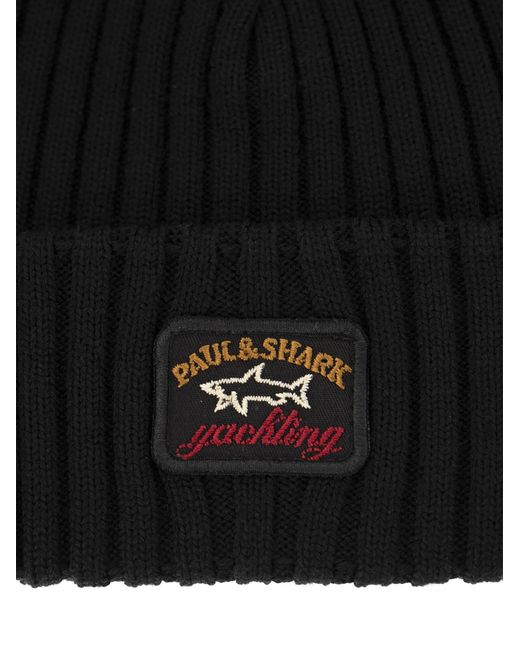 Paul & Shark Black Iconic Coin Badge Ribbed Wool Hat for men