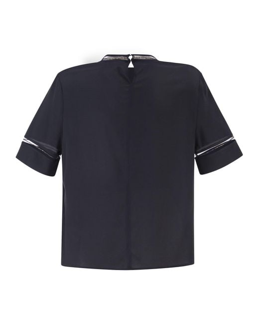 Fabiana Filippi Blue Short Sleeved Silk Satin Blouse With Transparent Inserts