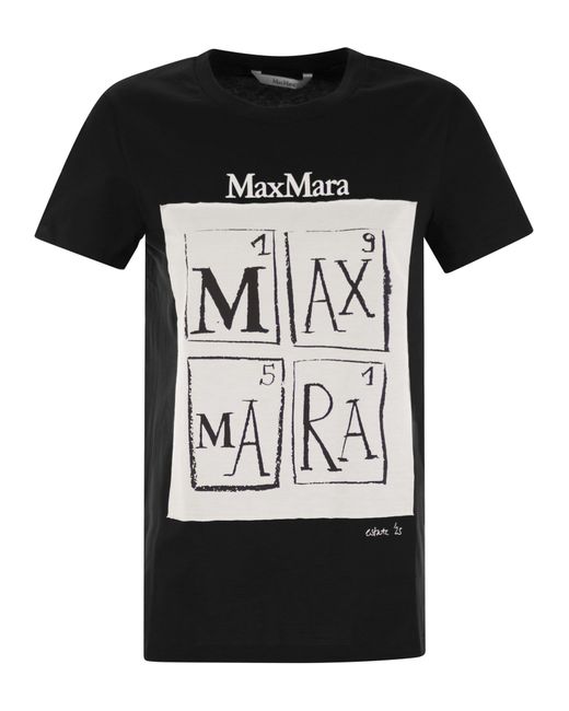 Max Mara Black Colibri Baumwoll -T -Shirt mit vorderem Druck