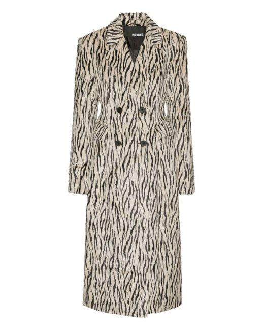 ROTATE BIRGER CHRISTENSEN White Zebra Print Long Coat With Double-Breasted Design And Large Lapels
