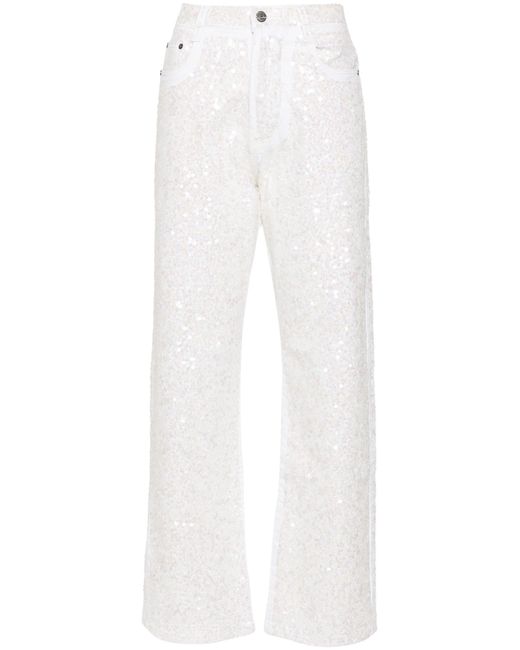 P.A.R.O.S.H. White Guff Sequin-Embellished Straight Jeans