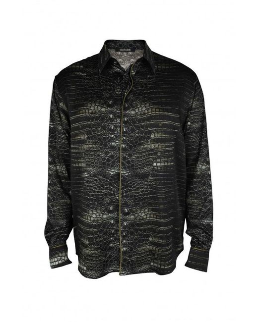 Roberto Cavalli Black Caiman Print Casual Shirt With Cord Piping for men