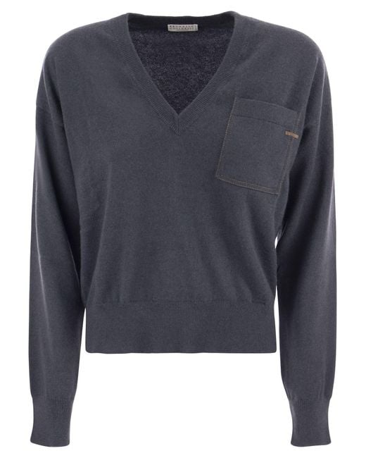 Cashmere Sweater avec poche Brunello Cucinelli en coloris Blue