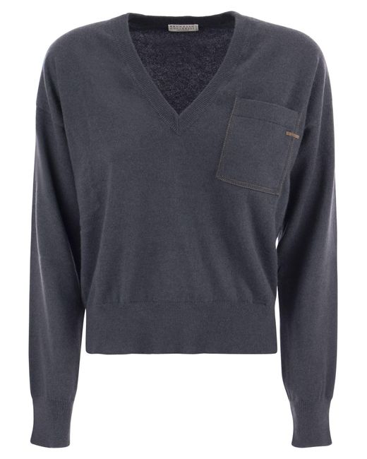 Brunello Cucinelli Blue Cashmere Sweater With Pocket