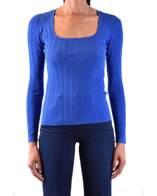 Diane von Furstenberg Blue Ribbed Fitted Long-Sleeved Top With Square Neckline