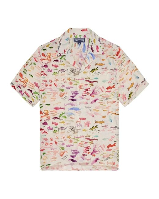 Vilebrequin Pink Linen Shirt With Multicolour Marine Print for men