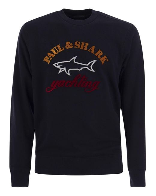 Paul & Shark Blue Cotton Crewneck Sweatshirt With Logo for men