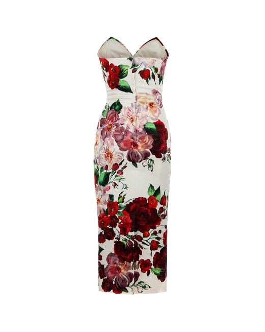 Dolce & Gabbana Red Strapless Floral-Print Satin Bustier Midi Dress