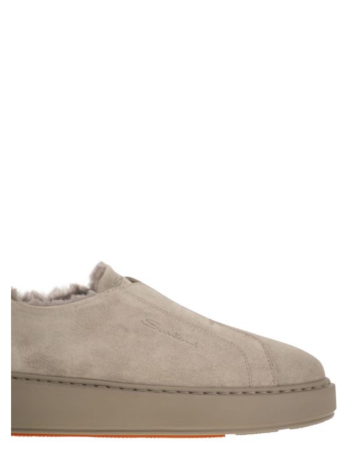Santoni Brown Slip-On Suede Sneakers With Fur