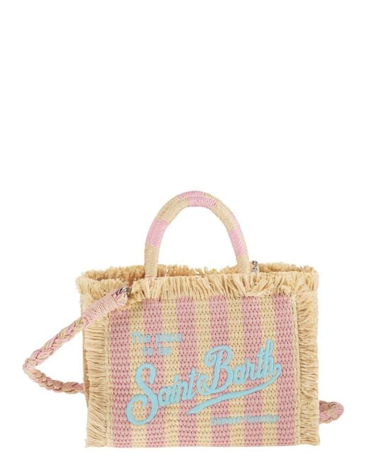 Mc2 Saint Barth Natural Striped Woven Mini Bag With Embroidered Logo And Shoulder Strap