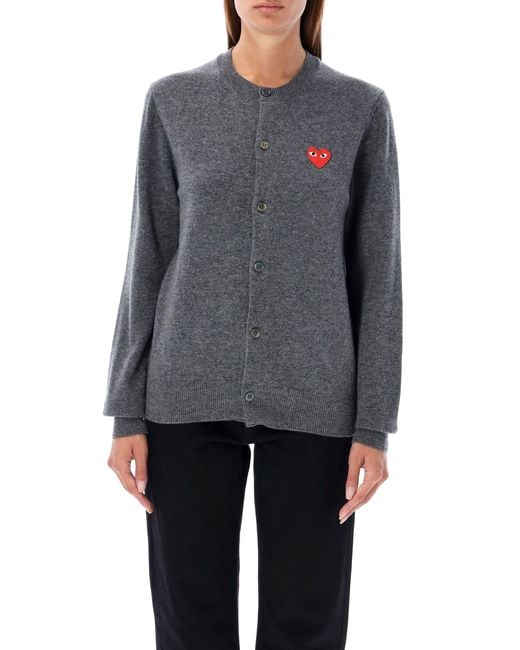 COMME DES GARÇONS PLAY Gray Relaxed Fit Button-Up Cardigan With Iconic Heart Patch