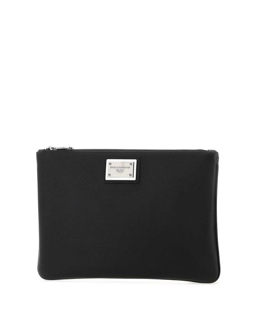 Dolce & Gabbana Black Logo Detail Flat Leather Pouch