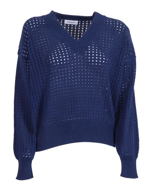 Kangra Cashmere Blue Pullover A Rete Manica Lunga