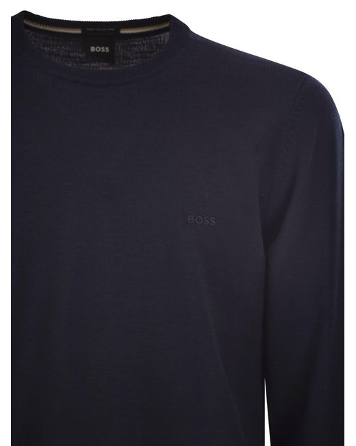 Boss Blue Regular Fit Virgin Wool Jumper With Embroidered Logo for men