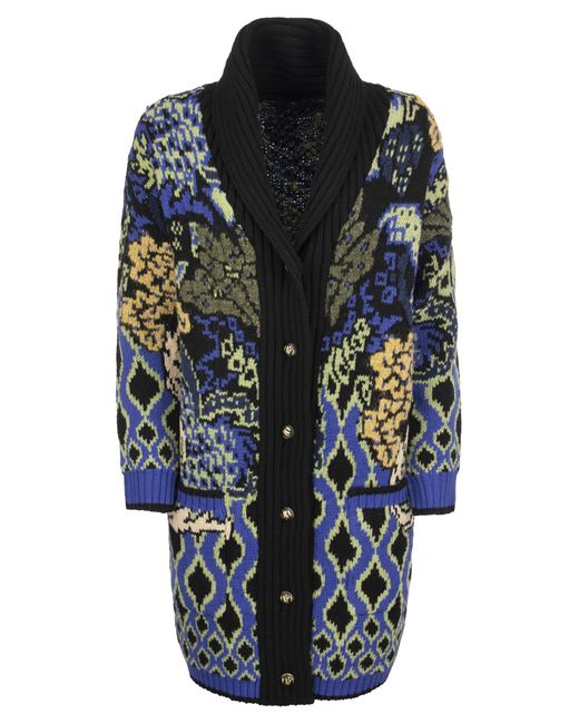 Etro Blue Long Cardigan With Floral Motifs