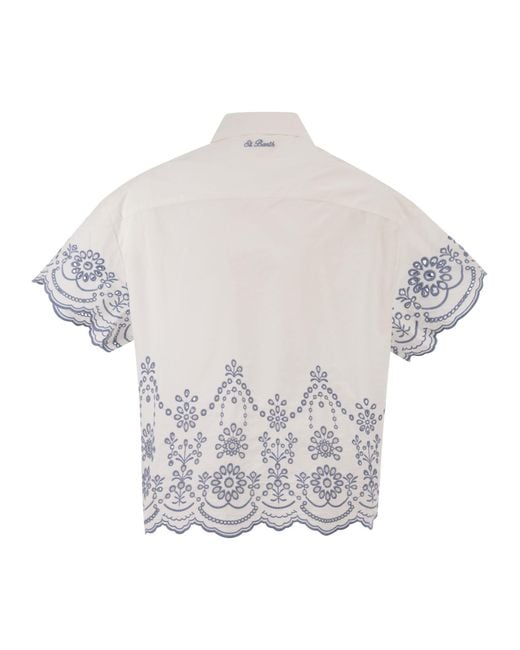 Mc2 Saint Barth White Cropped Cotton Shirt With Floral Embroidery