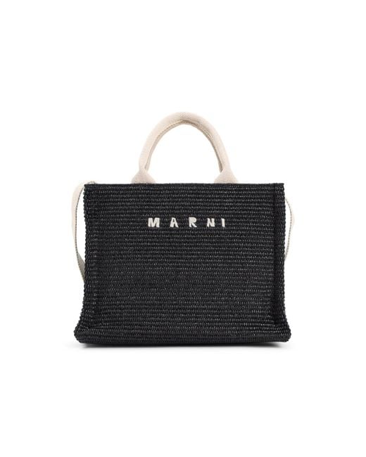 Marni Black Logo-Lettering Raffia Tote Bag