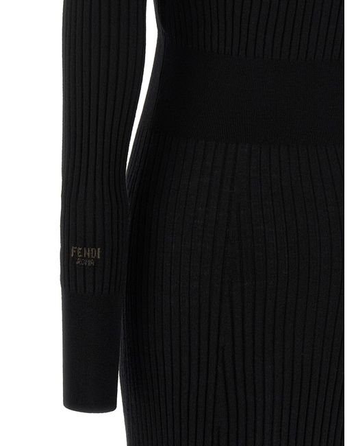 Fendi Black Ribbed Wool Knit Midi Dress
