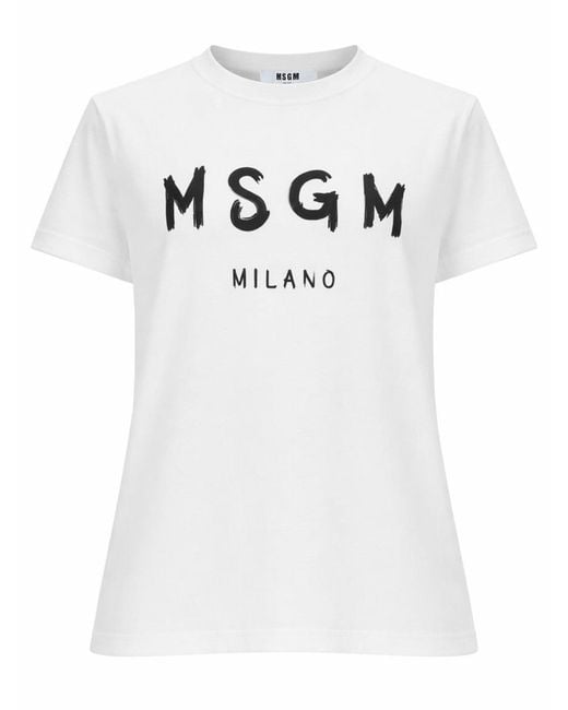 MSGM White T-Shirt Con Logo Pennellato