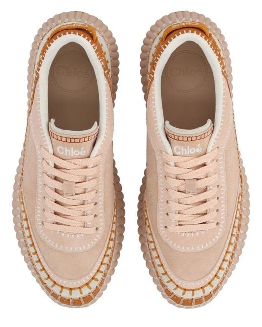 Chloé Pink Nama Embroidered Leather-Trimmed Suede Platform Sneakers