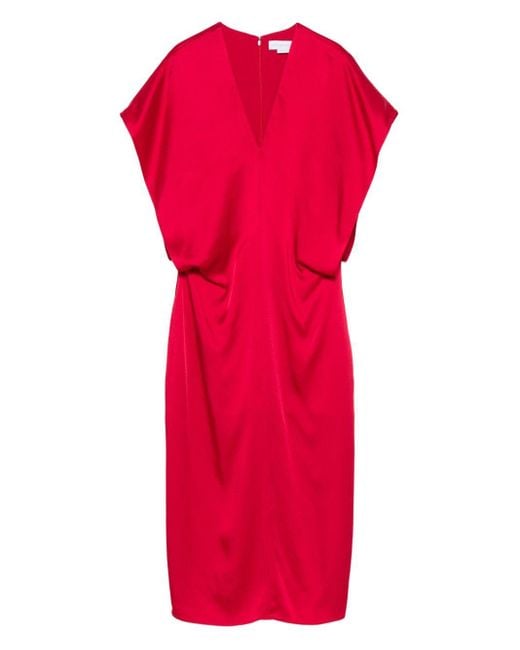 Stella McCartney Stella Mc Cartney Satin V Necked Midi -jurk in het Red