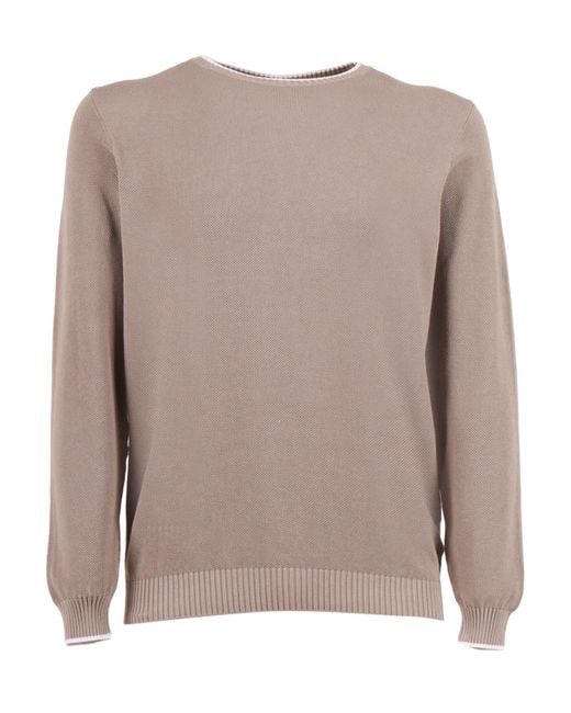 Fedeli Brown Crew-Neck L-S Knitted Sweater Cotton Crewneck for men