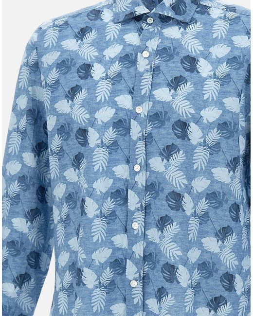 Barba Napoli Baumwoll-Leinen-Blattmusterhemd in Blue für Herren