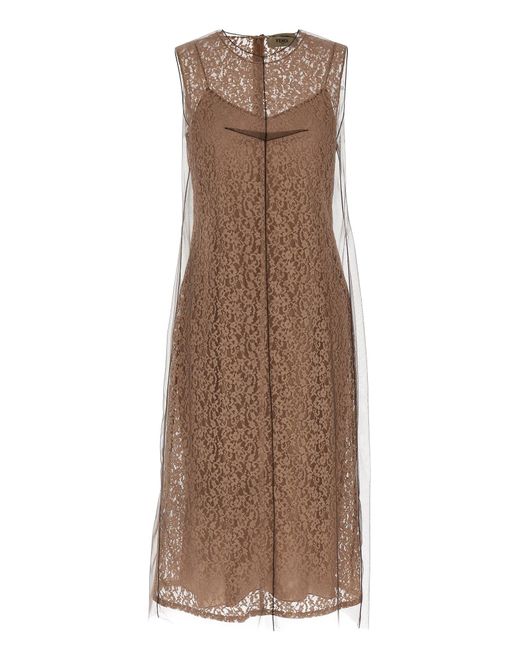 Vestido de encaje floral Fendi de color Brown