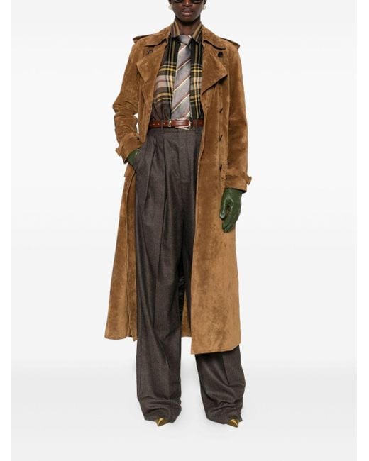 Saint Laurent Brown Long Double-Breasted Suede Trench Coat