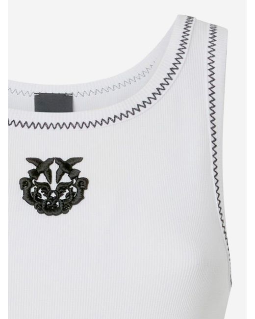 Pinko White Tank Top Ribbed With Love Birds Embroidery