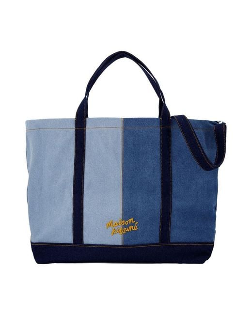 Maison Kitsuné Blue Fox Head Weekender Shopper Bag Denim Blau