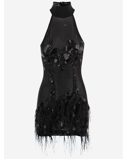 Just Cavalli Black Dress With Feather Appliqués