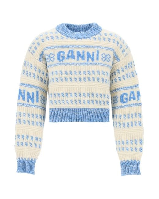 Pullover Cropped In Lana Jacquard di Ganni in Blue